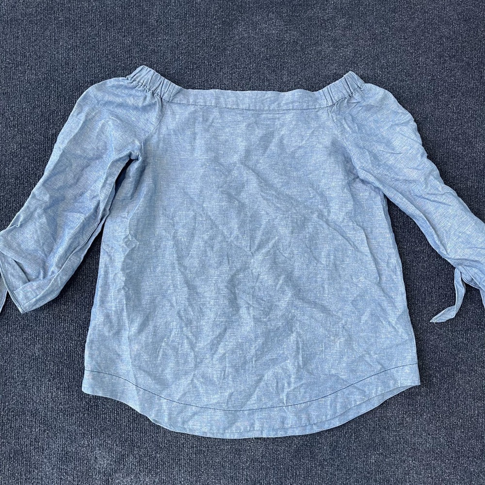 Chicos Shirt Womens Small Off Shoulder 3/4 Sleeve Chambray Tie Detail Blouse